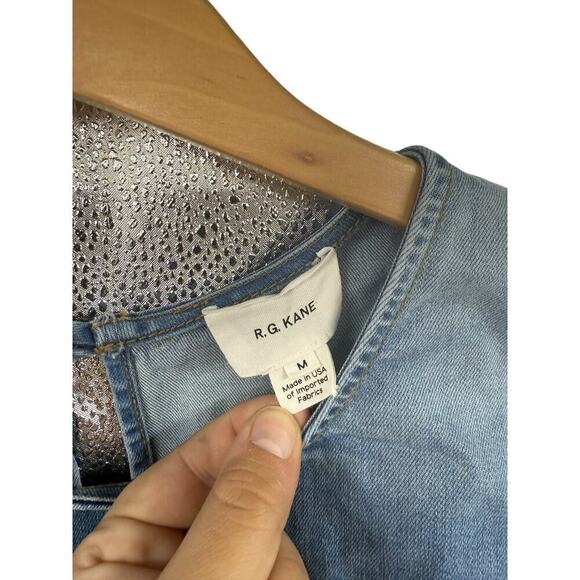 R.G. Kane Denim Poof Blouse Blue Stretch Modest Top Womens Medium - Picture 2 of 6